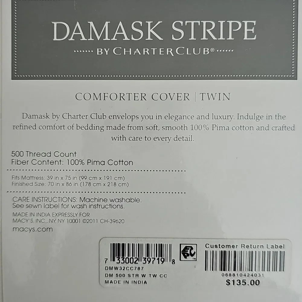 NWT Damask Stripe By Charter Club Comforter Cover, White, Size Twin